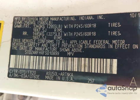 2015 Toyota Highlander Le из США, поврежденный, VIN 5TDZARFHXFS010899